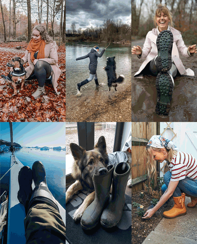 Eine Collage verschiedener Personen, die Muck Boots in verschiedenen Situationen tragen