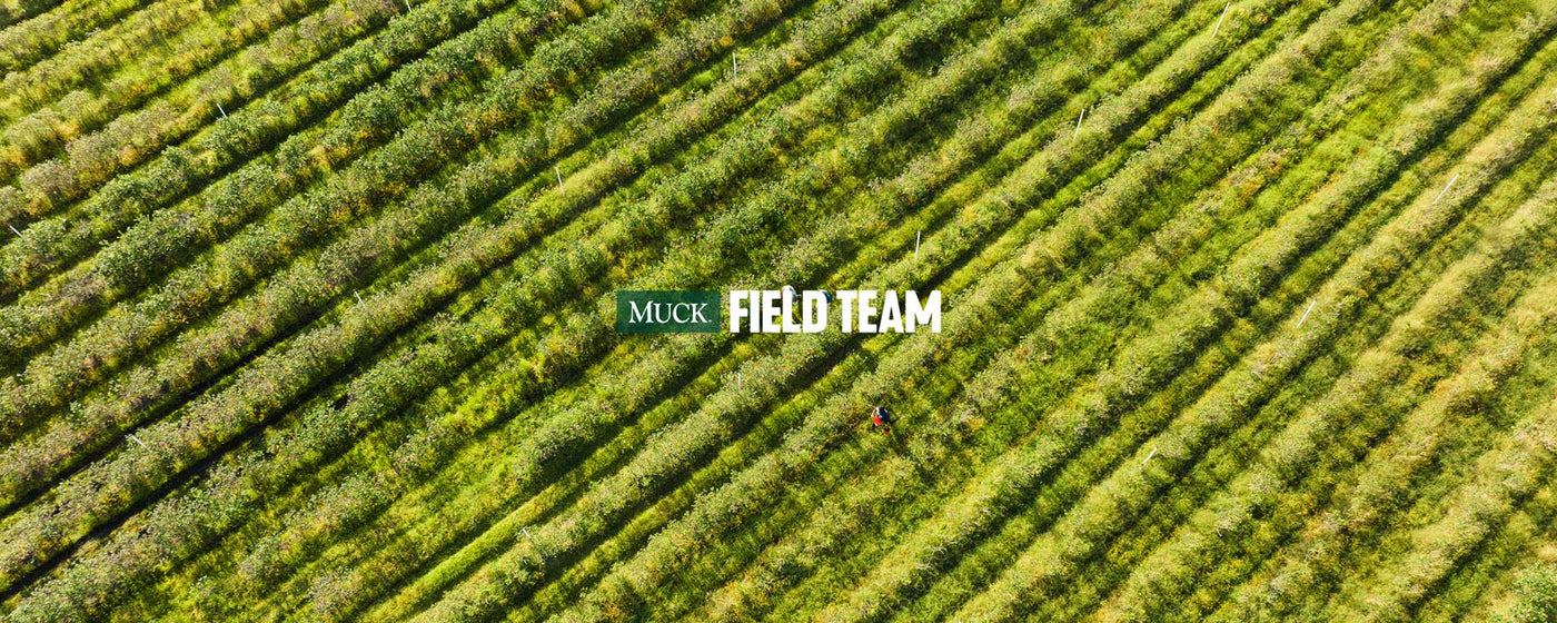 Aerial view of a hedge lined field with three people in. Text reads 'MUCK FIELD TEAM'